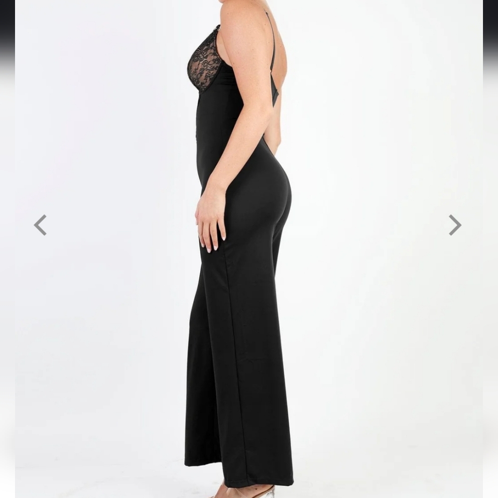 Popilush Shapewear Outer Wear Lace Deep V-Neck Sculpting Wide Leg Jumpsuit - Picture 4 of 4